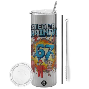 Steal a Brainrot 67 Roblox Style, Tumbler ποτήρι θερμό Ασημένιο από ανοξείδωτο ατσάλι 600ml, με μεταλλικό καλαμάκι & βούρτσα καθαρισμού