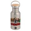 Stainless steel metallic thermos flask, silver with a bamboo lid, double-walled, 350ml.