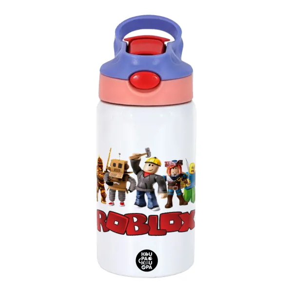 Roblox squad — Children's hot water bottle, stainless steel, with safety straw, pink/purple (350ml)