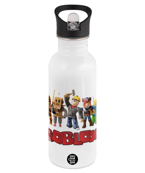 Roblox squad — White water bottle with straw, stainless steel 600ml