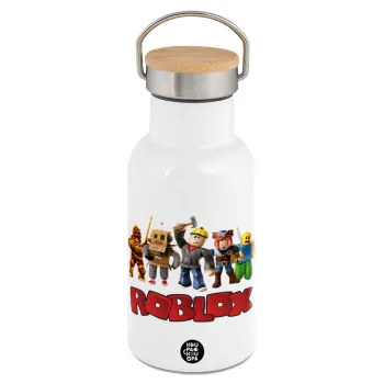 Roblox squad, Μεταλλικό παγούρι θερμός (Stainless steel) Λευκό με ξύλινο καπακι (bamboo), διπλού τοιχώματος, 350ml