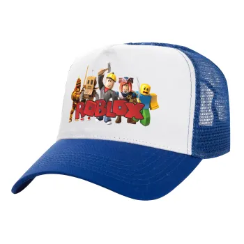 Roblox squad, Adult Structured Trucker Hat, with Mesh, WHITE/BLUE (100% COTTON, ADULT, UNISEX, ONE SIZE)