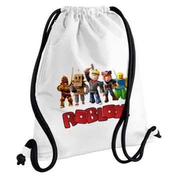Roblox squad, Backpack pouch GYMBAG white, with pocket (40x48cm) & thick cords