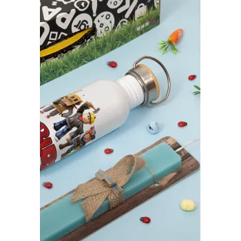 Roblox squad, Πασχαλινή Λαμπάδα με παγούρι μεταλλικό Ασημένιο αλουμινίου (500ml) & κερί αρωματικό πλακέ (30cm) (ΤΙΡΚΟΥΑΖ)