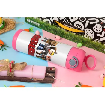 Roblox squad, Easter candle, Childrens hot water bottle, stainless steel, with safety straw, PINK (500ml)