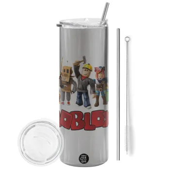 Roblox squad, Tumbler stainless steel Silver 600ml, with metal straw & cleaning brush