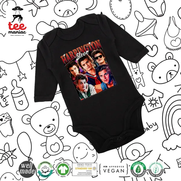 Steve Harrington — Μακρυμάνικο βρεφικό φορμάκι, 0-18 μηνών, ΜΑΥΡΟ, 100% Organic Cotton