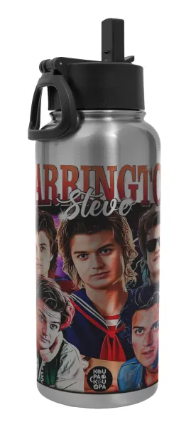Steve Harrington — Μεταλλικό παγούρι θερμός Silver με καλαμάκι και χερούλι (Stainless steel), διπλού τοιχώματος, 950ml