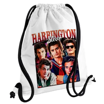Steve Harrington, Stranger Things, Τσάντα πλάτης πουγκί GYMBAG λευκή, με τσέπη (40x48cm) & χονδρά κορδόνια