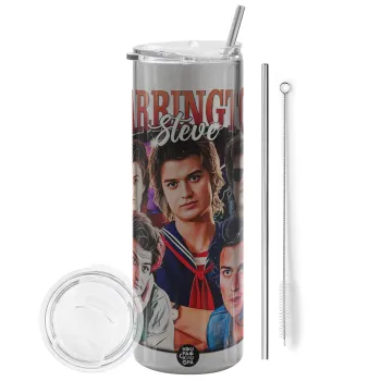 Steve Harrington, Stranger Things, Tumbler ποτήρι θερμό Ασημένιο από ανοξείδωτο ατσάλι 600ml, με μεταλλικό καλαμάκι & βούρτσα καθαρισμού