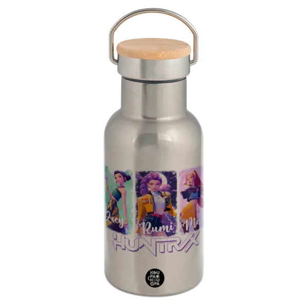 HUNTR/X K-pop girl group — Stainless steel metallic thermos flask, silver with a bamboo lid, double-walled, 350ml.