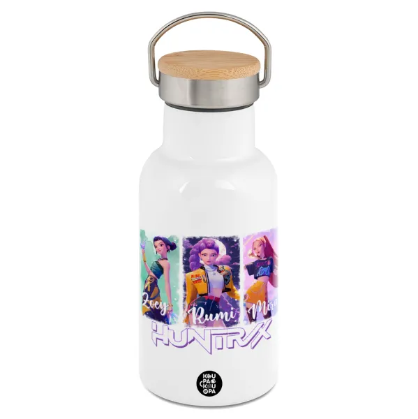 HUNTR/X K-pop girl group — Metallic thermos (Stainless steel) White with wooden lid (bamboo), double-walled, 350ml