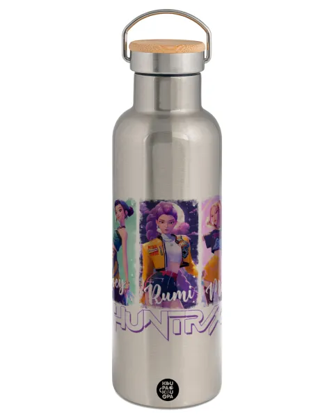 HUNTR/X K-pop girl group — Stainless steel Silver with wooden lid (bamboo), double wall, 750ml