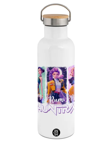 HUNTR/X K-pop girl group — Stainless steel White with wooden lid (bamboo), double wall, 750ml