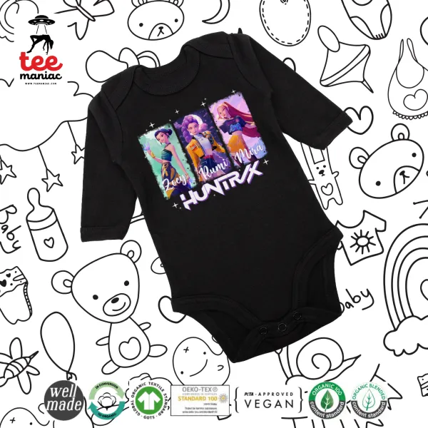 HUNTR/X K-pop girl group — Μακρυμάνικο βρεφικό φορμάκι, 0-18 μηνών, ΜΑΥΡΟ, 100% Organic Cotton