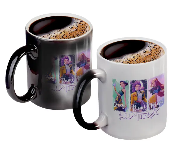 HUNTR/X K-pop girl group — Color changing magic Mug, ceramic, 330ml when adding hot liquid inside, the black colour desappears (1 pcs)