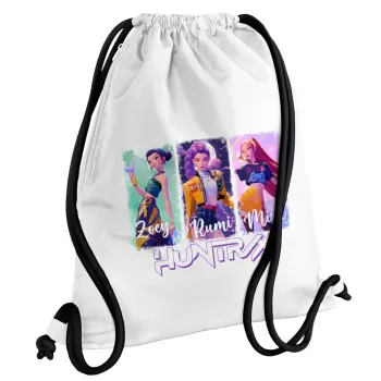 HUNTR/X K-pop girl group, Τσάντα πλάτης πουγκί GYMBAG λευκή, με τσέπη (40x48cm) & χονδρά κορδόνια