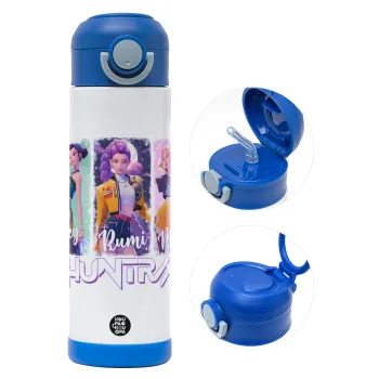 HUNTR/X K-pop girl group, Παιδικό παγούρι θερμό, ανοξείδωτο, με καλαμάκι ασφαλείας, ΜΠΛΕ (500ml)