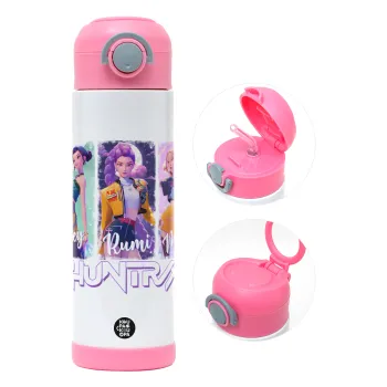 HUNTR/X K-pop girl group, Παιδικό παγούρι θερμό, ανοξείδωτο, με καλαμάκι ασφαλείας, ΡΟΖ (500ml)