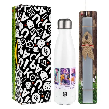 HUNTR/X K-pop girl group, Πασχαλινή Λαμπάδα με μεταλλικό παγούρι θερμός λευκός (500ml) & λαμπάδα αρωματική πλακέ (30cm) (ΓΚΡΙ)