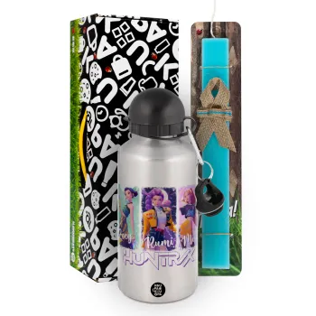 HUNTR/X K-pop girl group, Πασχαλινή Λαμπάδα με παγούρι μεταλλικό Ασημένιο αλουμινίου (500ml) & κερί αρωματικό πλακέ (30cm) (ΤΙΡΚΟΥΑΖ)