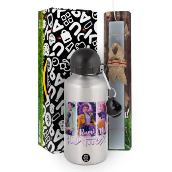 HUNTR/X K-pop girl group, Πασχαλινή Λαμπάδα με παγούρι μεταλλικό Ασημένιο αλουμινίου (500ml) & κερί αρωματικό πλακέ (30cm) (ΓΚΡΙ)