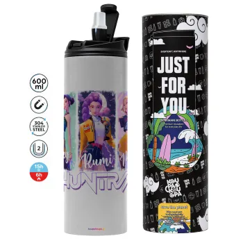 HUNTR/X K-pop girl group, Tumbler ποτήρι θερμό ΓΚΡΙ από ανοξείδωτο ατσάλι 600ml