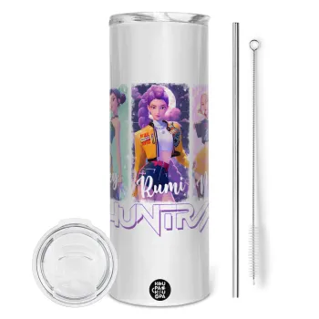 HUNTR/X K-pop girl group, Tumbler ποτήρι θερμό από ανοξείδωτο ατσάλι 600ml, με μεταλλικό καλαμάκι & βούρτσα καθαρισμού