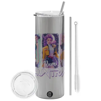 HUNTR/X K-pop girl group, Tumbler ποτήρι θερμό Ασημένιο από ανοξείδωτο ατσάλι 600ml, με μεταλλικό καλαμάκι & βούρτσα καθαρισμού