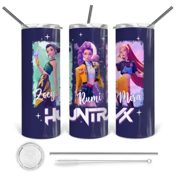 HUNTR/X K-pop girl group, Tumbler ποτήρι θερμό από ανοξείδωτο ατσάλι 600ml, με μεταλλικό καλαμάκι & βούρτσα καθαρισμού