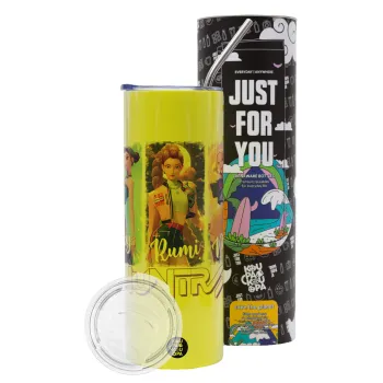 HUNTR/X K-pop girl group, Neon Yellow Travel Tumbler θερμό, μεταλλικό καλαμάκι(Ανωξείδωτο 304 Food grade, BPA free, 600ml)