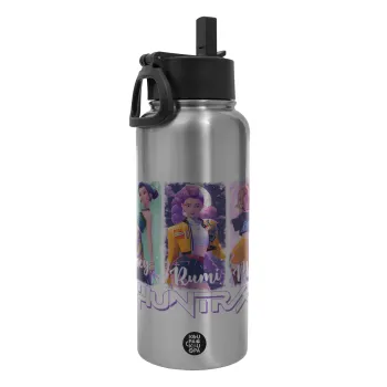 HUNTR/X K-pop girl group, Μεταλλικό παγούρι θερμός Silver με καλαμάκι και χερούλι (Stainless steel), διπλού τοιχώματος, 950ml