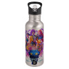 Water bottle Silver with straw, stainless steel 600ml
