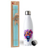 Easter Set, metallic stainless steel water bottle (750ml) & aromatic flat Easter candle (30cm) (TURQUOISE)