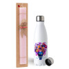 Easter Set, metallic stainless steel water bottle (750ml) & scented flat Easter candle (30cm) (PINK)
