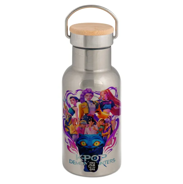 kpop Demon Hunters Huntrix — Stainless steel metallic thermos flask, silver with a bamboo lid, double-walled, 350ml.