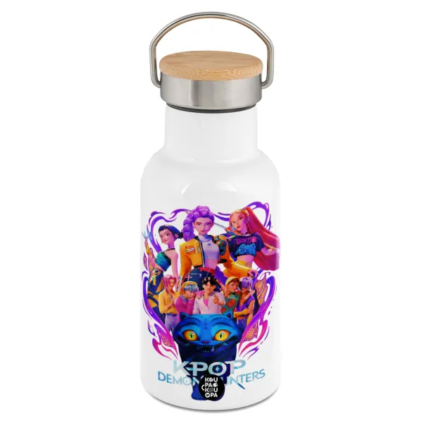 kpop Demon Hunters Huntrix — Metallic thermos (Stainless steel) White with wooden lid (bamboo), double-walled, 350ml