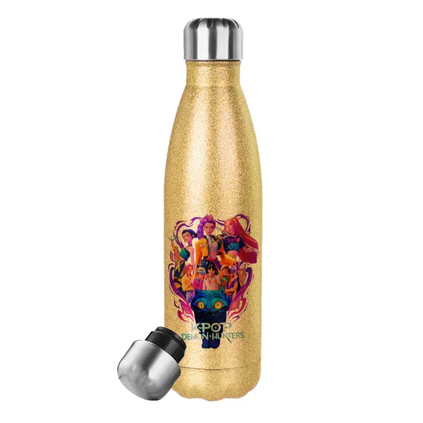 kpop Demon Hunters Huntrix — Glitter gold stainless steel thermos bottle, double-walled, 500ml