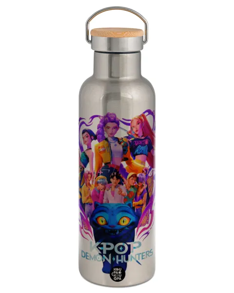 kpop Demon Hunters Huntrix — Stainless steel Silver with wooden lid (bamboo), double wall, 750ml