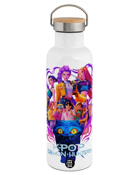 kpop Demon Hunters Huntrix — Stainless steel White with wooden lid (bamboo), double wall, 750ml