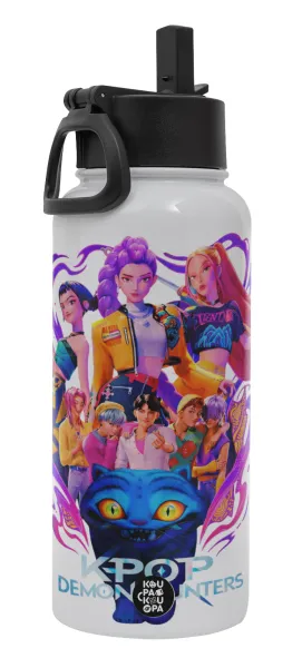 kpop Demon Hunters Huntrix — Metal mug thermo White with Straw and Spout Lid (Stainless steel), double wall, 950ml