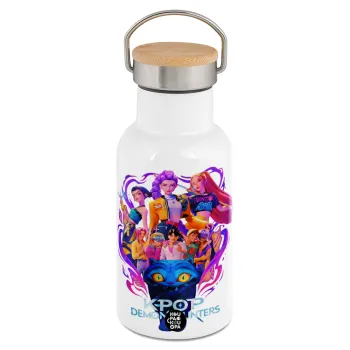 kpop Demon Hunters Huntrix, Μεταλλικό παγούρι θερμός (Stainless steel) Λευκό με ξύλινο καπακι (bamboo), διπλού τοιχώματος, 350ml