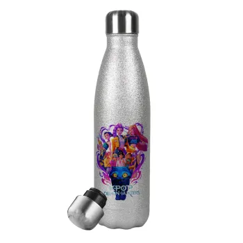 kpop Demon Hunters Huntrix, Μεταλλικό παγούρι θερμός Glitter Aσημένιο (Stainless steel), διπλού τοιχώματος, 500ml
