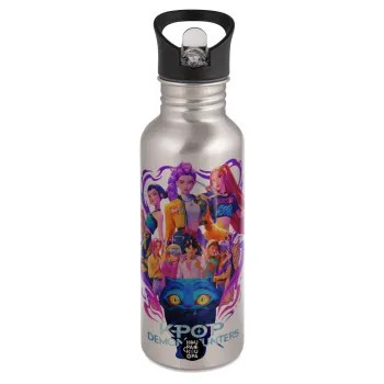 kpop Demon Hunters Huntrix, Water bottle Silver with straw, stainless steel 600ml