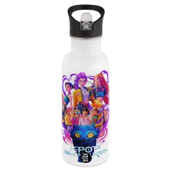 kpop Demon Hunters Huntrix, White water bottle with straw, stainless steel 600ml