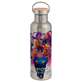 kpop Demon Hunters Huntrix, Stainless steel Silver with wooden lid (bamboo), double wall, 750ml