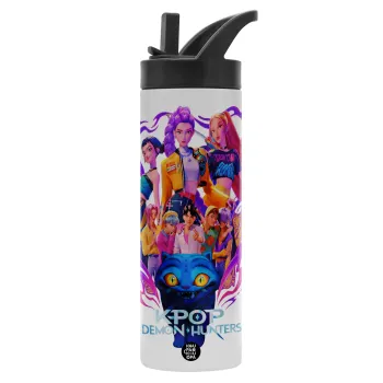 kpop Demon Hunters Huntrix, Metallic thermos bottle with straw & handle, stainless steel (Stainless steel 304), double-walled, 600ml.