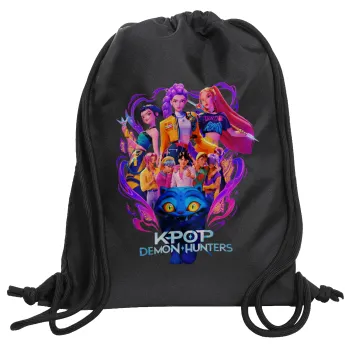 kpop Demon Hunters Huntrix, Backpack pouch GYMBAG Black, with pocket (40x48cm) & thick cords