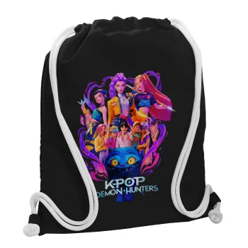 kpop Demon Hunters Huntrix, Backpack pouch GYMBAG Black, with pocket (40x48cm) & thick white cords