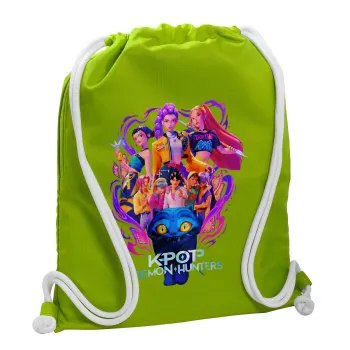 kpop Demon Hunters Huntrix, Backpack bag GYMBAG LIME GREEN, with pocket (40x48cm) & thick cords